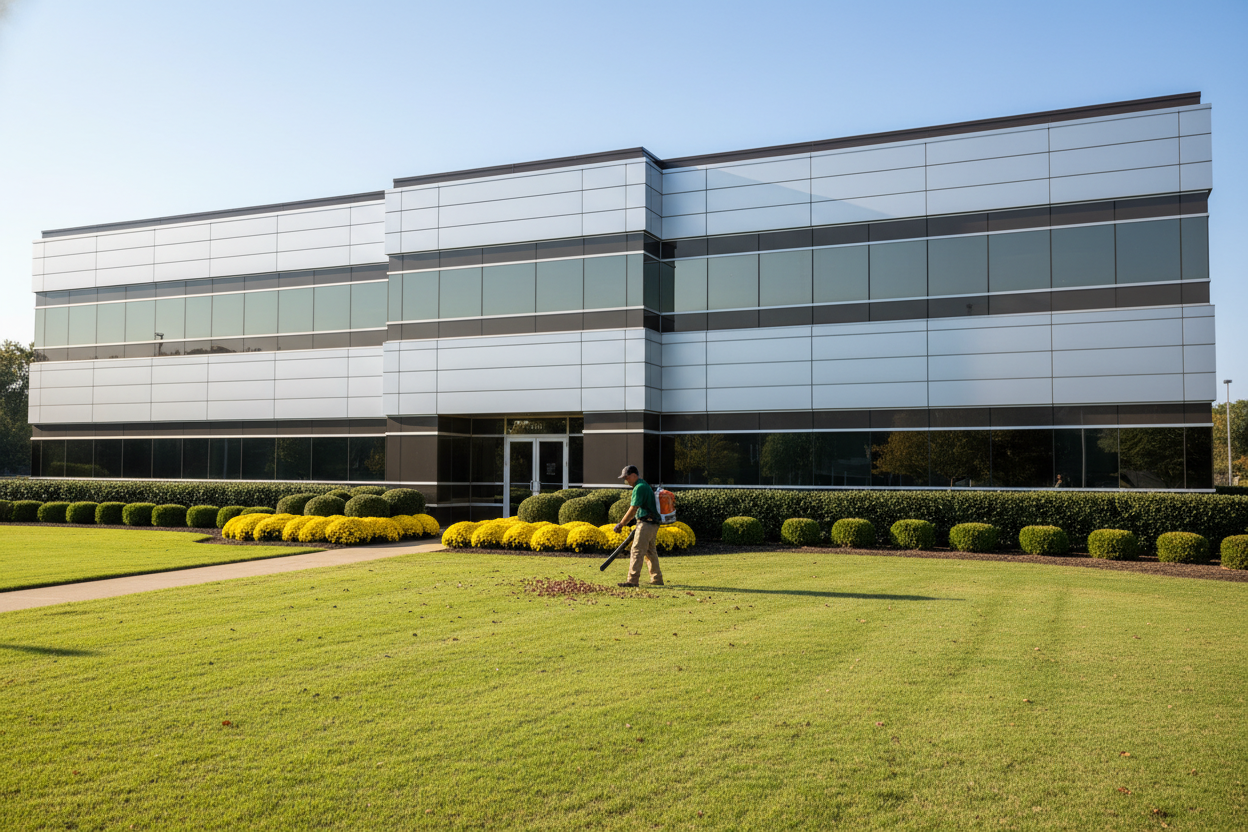 Commercial landscape maintenance at a Cummings Research Park office building in Huntsville Alabama