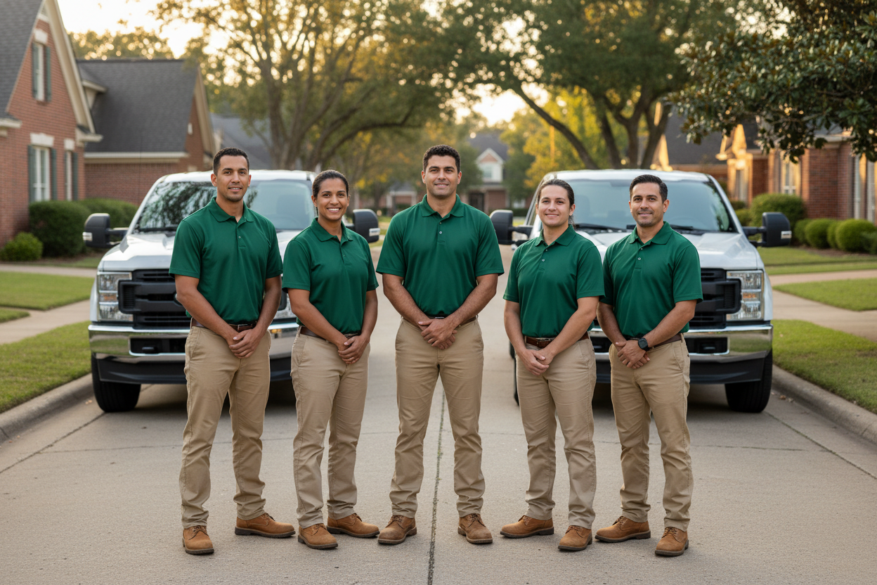 Huntsville Elite Landscaping team of five in forest-green uniforms in front of work trucks