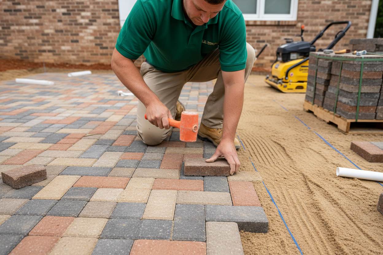 Belgard Cambridge cobblestone paver patio installation in progress on a Huntsville Alabama home